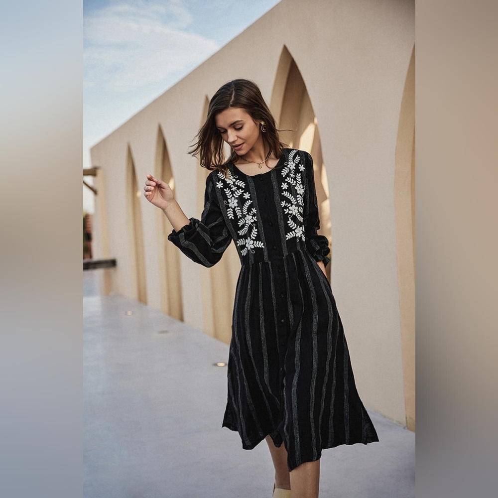 NWT - Flax-Linen Frieeah Boutique Embroidered Black Midi Shirtdress - Size XL - Picture 8 of 8